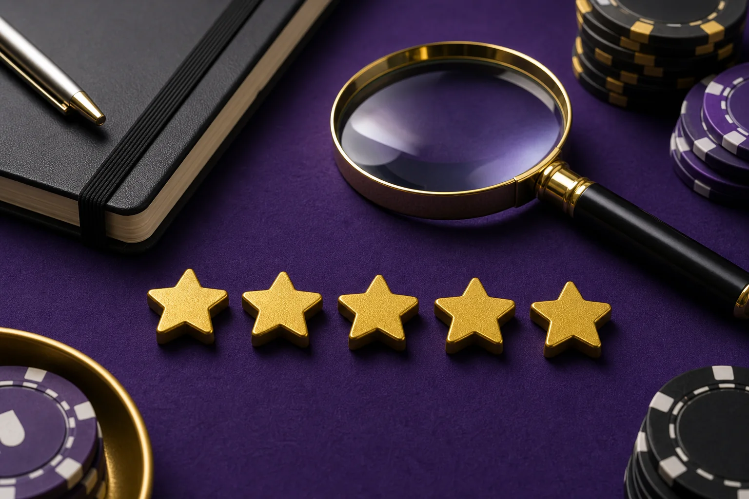 Cinco estrelas douradas, lupa e fichas representando avaliação criteriosa
