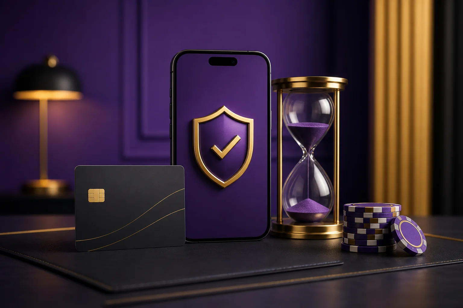 Celular protegido por escudo, cartão, ampulheta e fichas