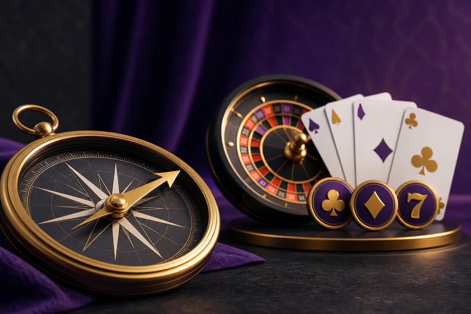 Bússola dourada diante de roleta, cartas e fichas de jogos