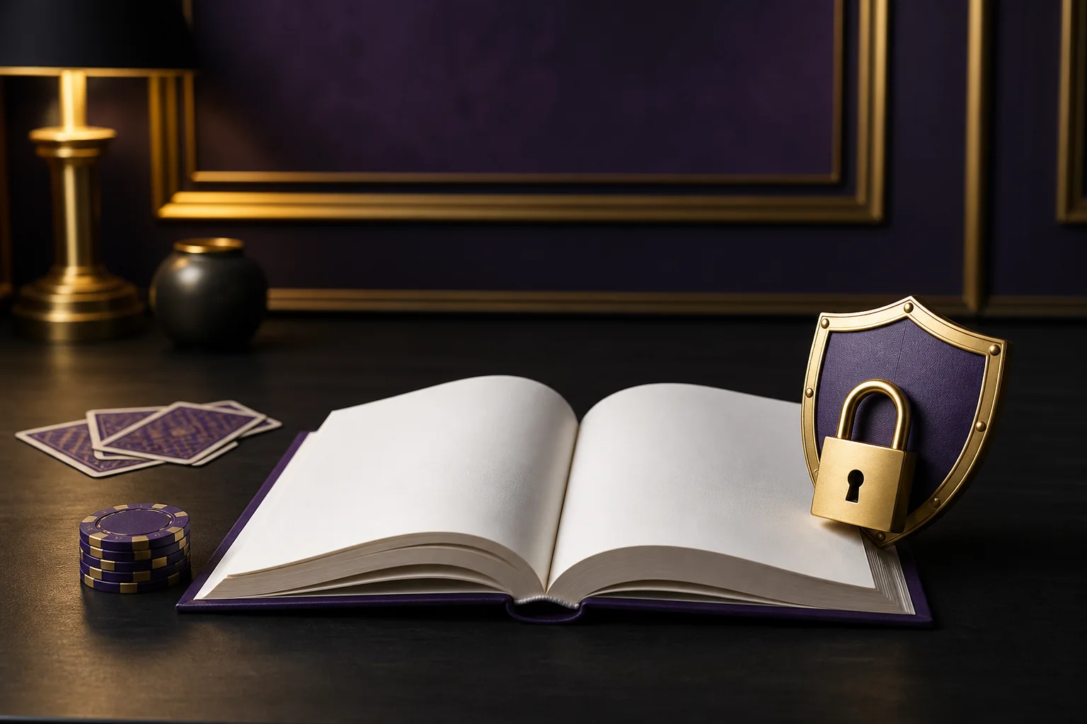 Livro de regras aberto com escudo, cadeado, cartas e fichas