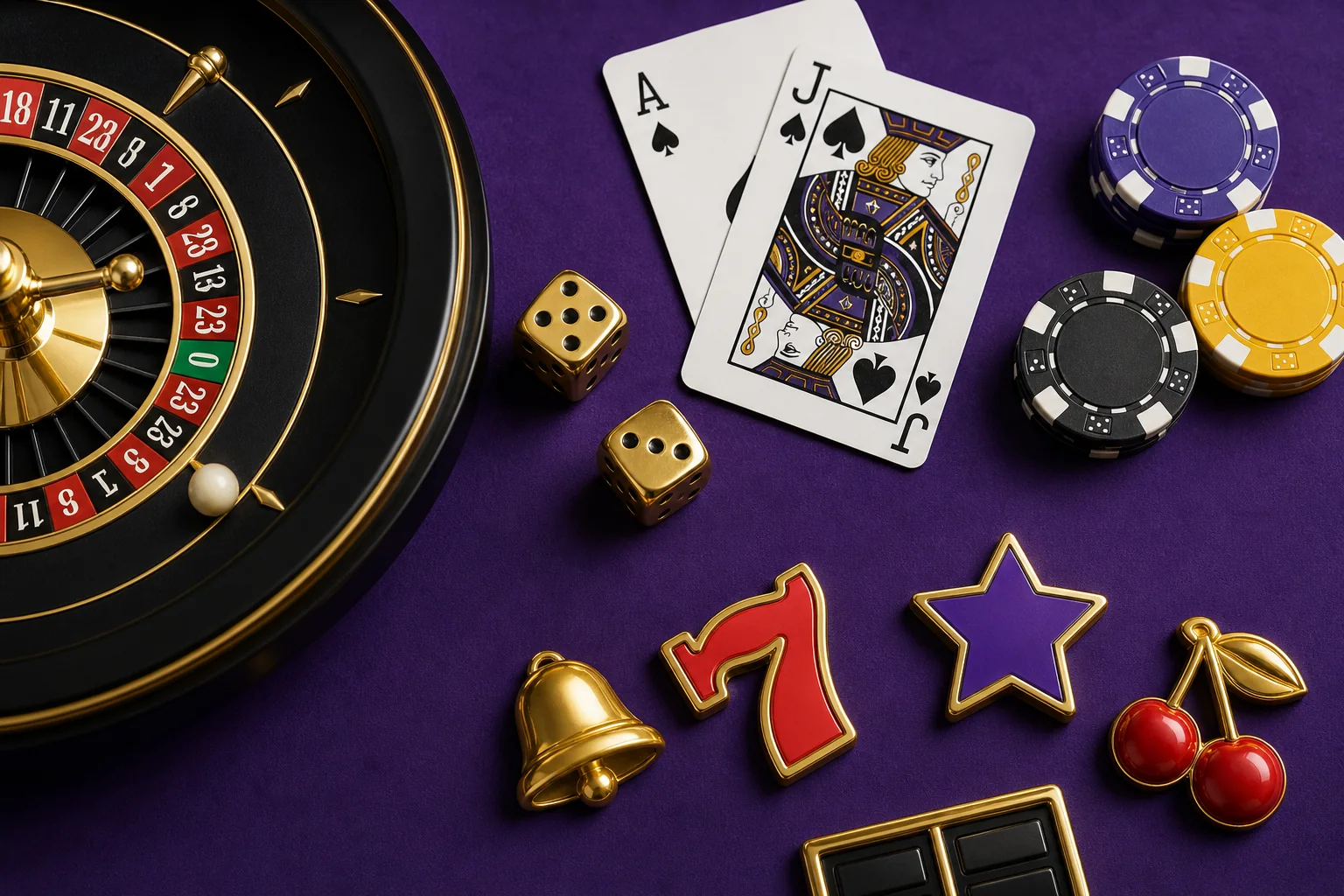 Roleta, cartas, dados e símbolos de jogos organizados sobre mesa roxa